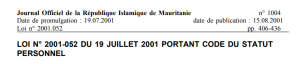 2001 - Code du Statut Personnel, Mauritanie, BOE- 2001