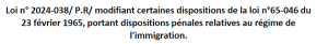 Loi n2024 038 portant dispositions pénales relatives au régime de l'immigration